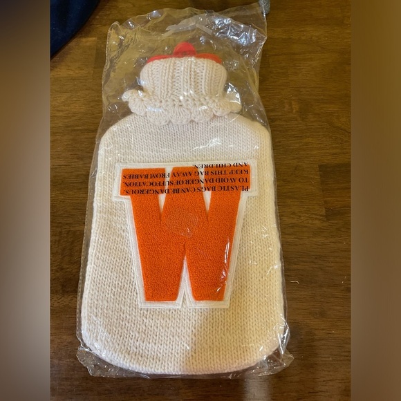 NWOT.   Hot water bottle with knitted cover.  Orange W. - Picture 1 of 6